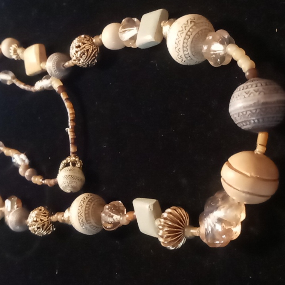 Loft multi media long necklace agate stone quartz,glass, wooden beaded 30 in